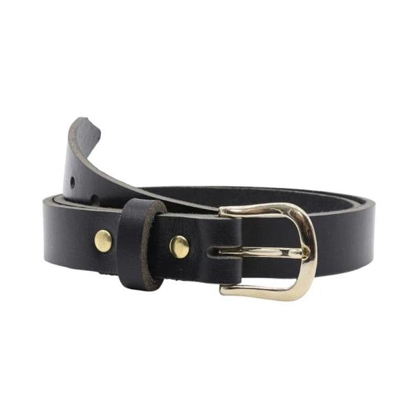 Black leather belt with brass buckle on a white background