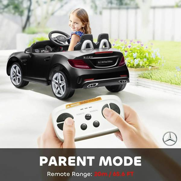 Black kids electric ride-on car with parent remote control and child seated