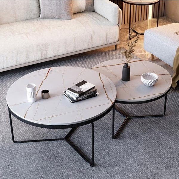 Iver Stone Round Nesting Coffee Table Set, Black & White-Weilai Concept-Weilai Concept