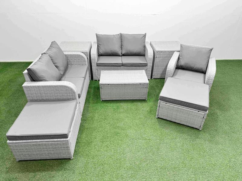 Fimous 2 Big Stool Garden Sofa Set, High Back Poly Rattan, Reclining Loveseat, Coffee Table and 2 Side Tables, Light Grey