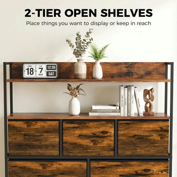 Chest of Drawers, Bedroom Fabric Dresser with 5 Drawers, Storage Organiser Unit with Open Shelves, Rustic Brown