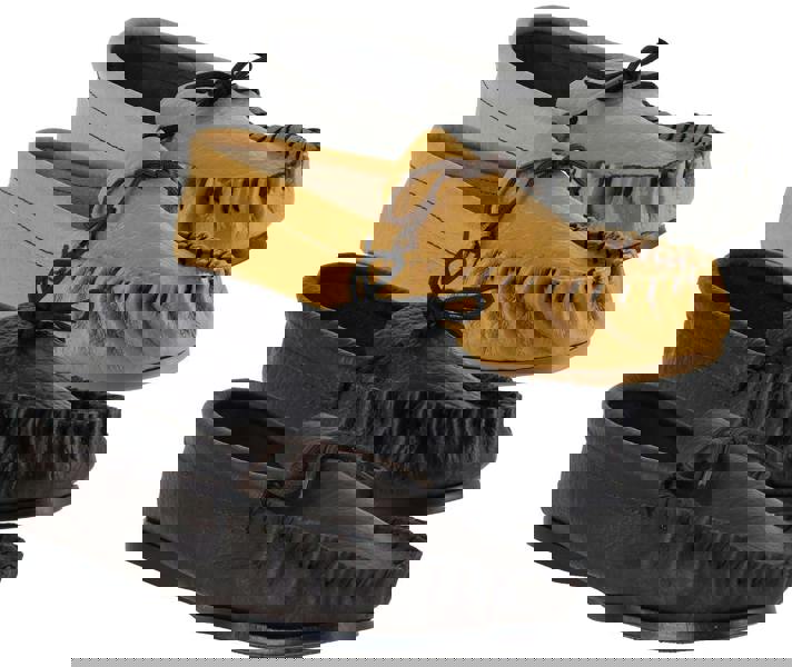 Northamptonshire Slipper Co. Mens British Hand Made Casual Leather Moccs Moccasins Slippers, set of four in black, gray, yellow, and brown with a textured leather finish and lace-up design.