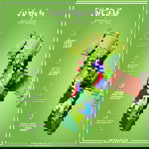 A slim stainless steel water bottle, featuring a full flip lid with 240° opening, is being held; it has a child-friendly bug design. Folds back a full 240°. Safer clear line of sight. Lid sits away from the face. Perfect for drinking on the go.