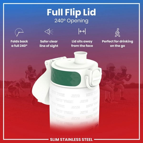 A white water bottle with a green band and "New York Jets" text, featuring a full flip lid that opens 240 degrees, is shown against a blurred image of football players.