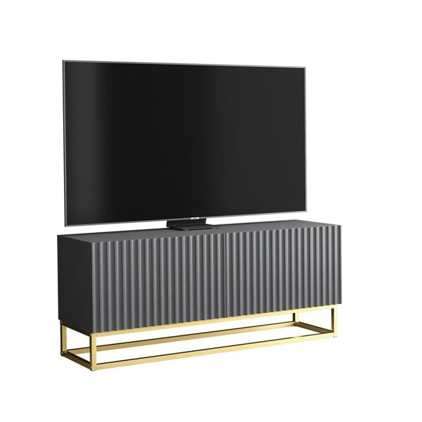 Mex Furniture Grey TV Unit with Gold Base 100cm – Fluted Fronts & Push-Down Doors