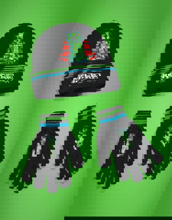 Minecraft Boys Black Creeper & TNT Beanie and Gloves Set (One Size)