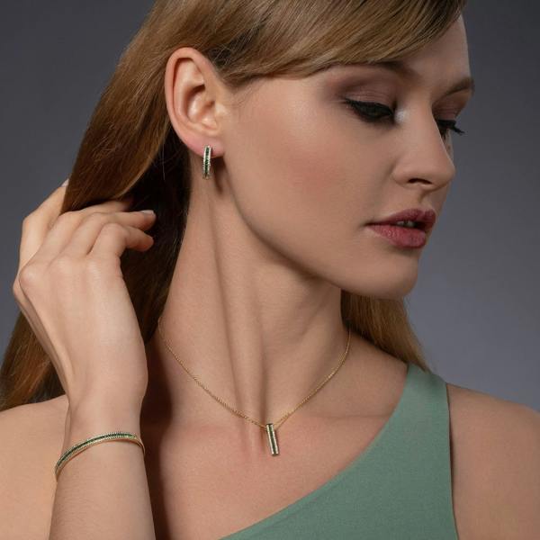 Gold Cuff Bangle Bracelet with Green Cubic Zirconia Stones - namana.london