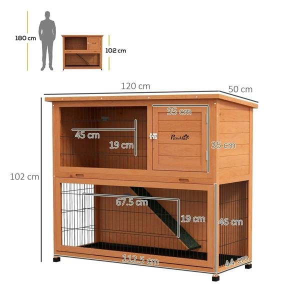 Two-level orange rabbit hutch with wire sides and an internal ramp between floors