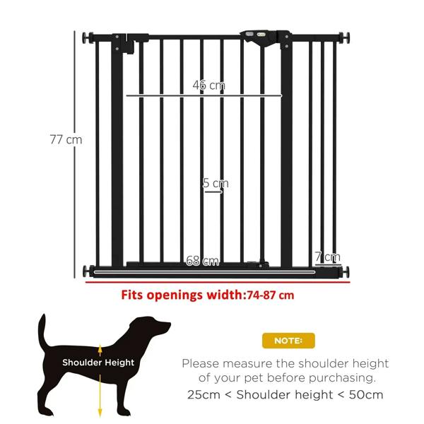 Black adjustable safety gate size diagram with fit-width measurements