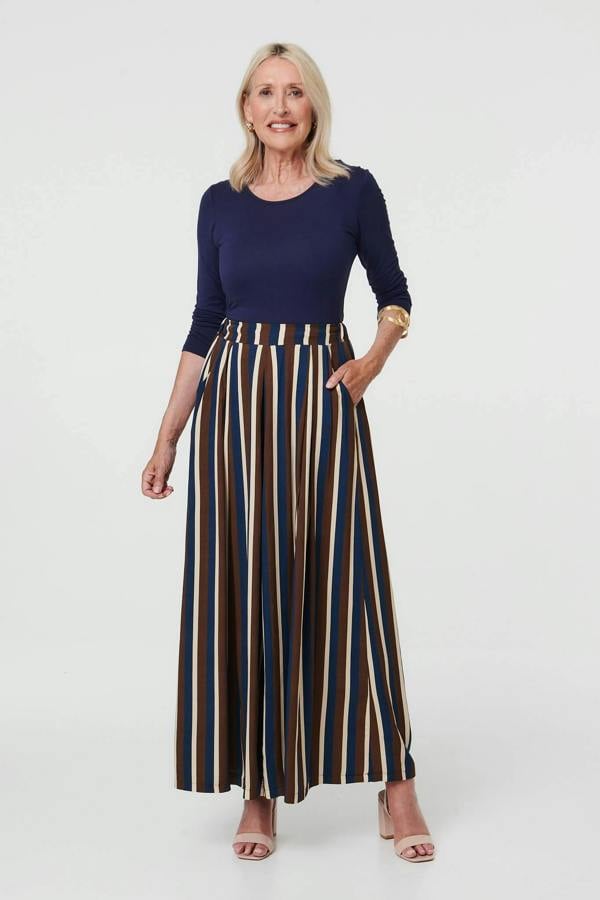 Navy | Striped High Waist Wide Trousers