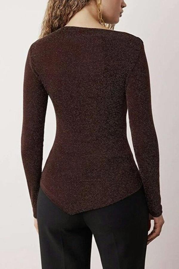 WOVCOR Asymmetrical Collar Glittery Knit Chic Party Blouse