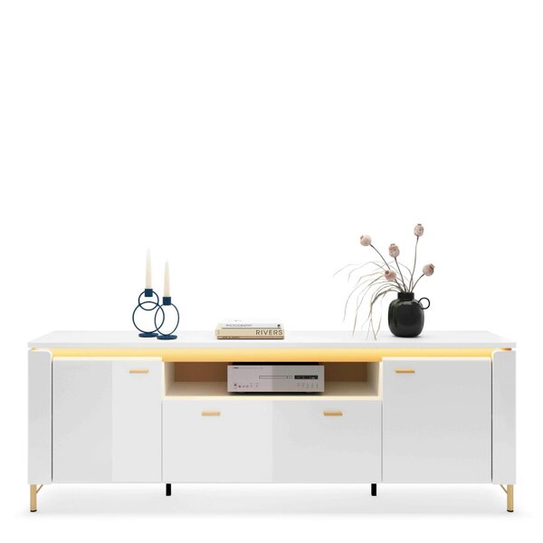 Wyld Haus Maribo White TV Cabinet 2 Door 1 Drawer Gold Metal Legs