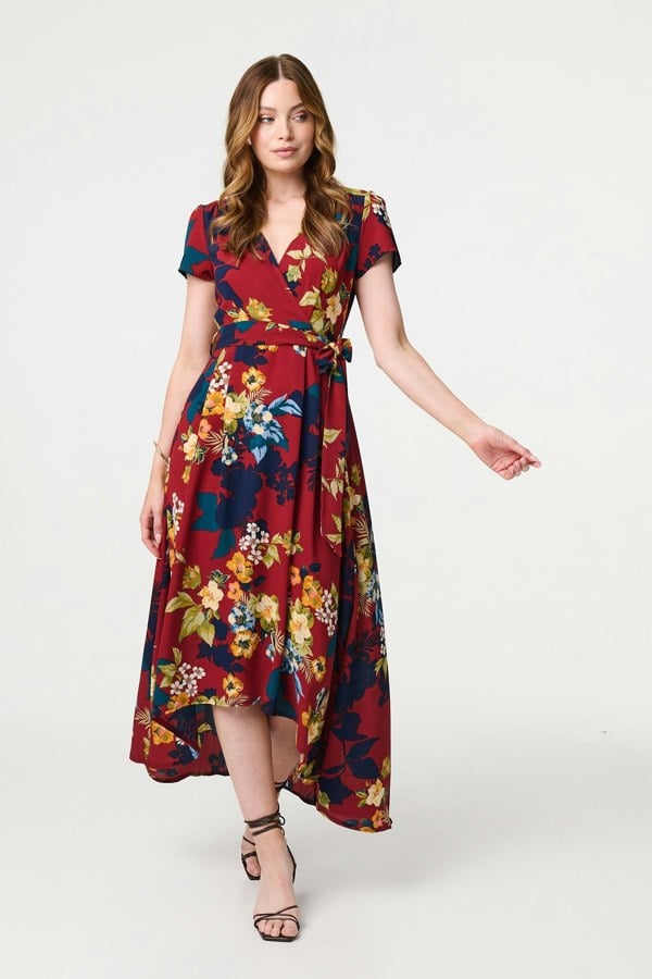 Burgundy | Floral High Low Wrap Maxi Dress