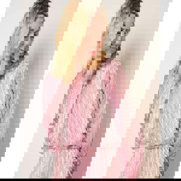 Blue Vanilla Zig Zag Metallic High Neck Puffball Pleated Dress