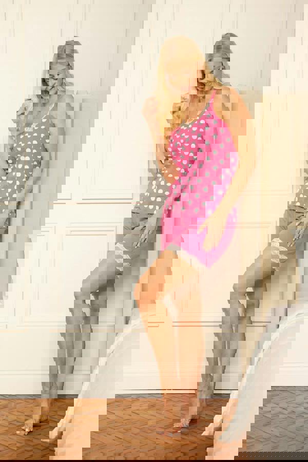 Camille Pink Lightweight 100% Cotton Spot Printed Sleeveless Top Pyjama Set With Lace Detailing