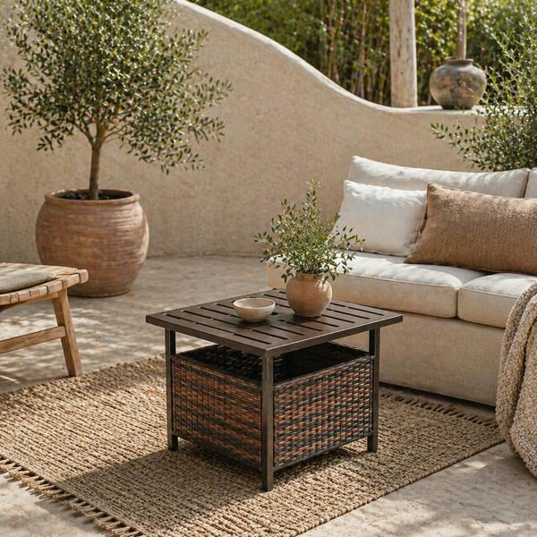 Wyld Haus Lalema Rattan Brown Square Outdoor Coffee Table With Umbrella Hole And Slatted Top