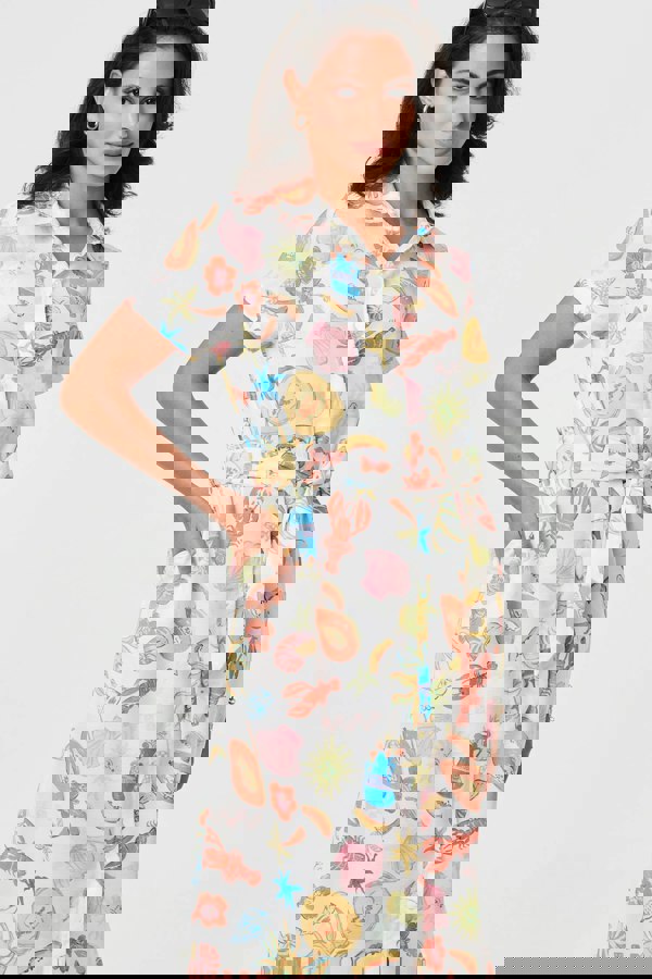 White | Abstract Tie Waist Midi Shirt Dress
