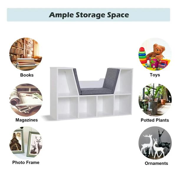 White cube storage shelf with gray cushioned seat and open cubbies for books