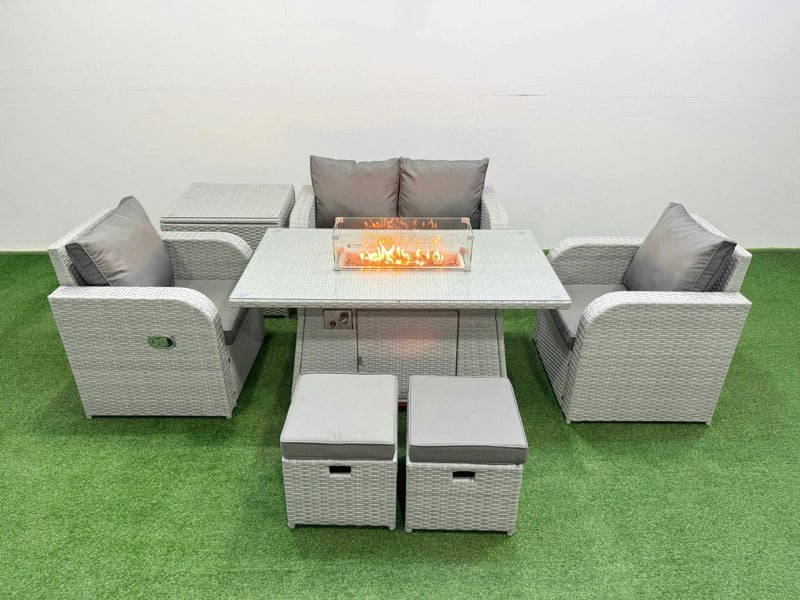Fimous Light Grey PE Wicker Rattan Garden Furniture Set Sofa Set Reclining Chair Fire Pit Dining Table 6 Seater 2 Small Stools Side Table