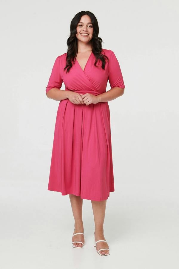 Fuschia | Curve Ruched Waist Faux Wrap Midi Dress
