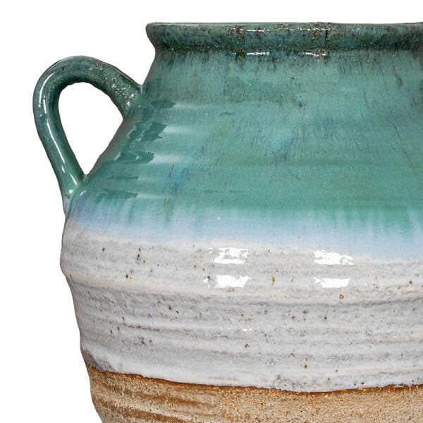 Wyld Haus Rustic Ombre Turquoise Blue and Sand Glazed Ceramic Vase with Handles