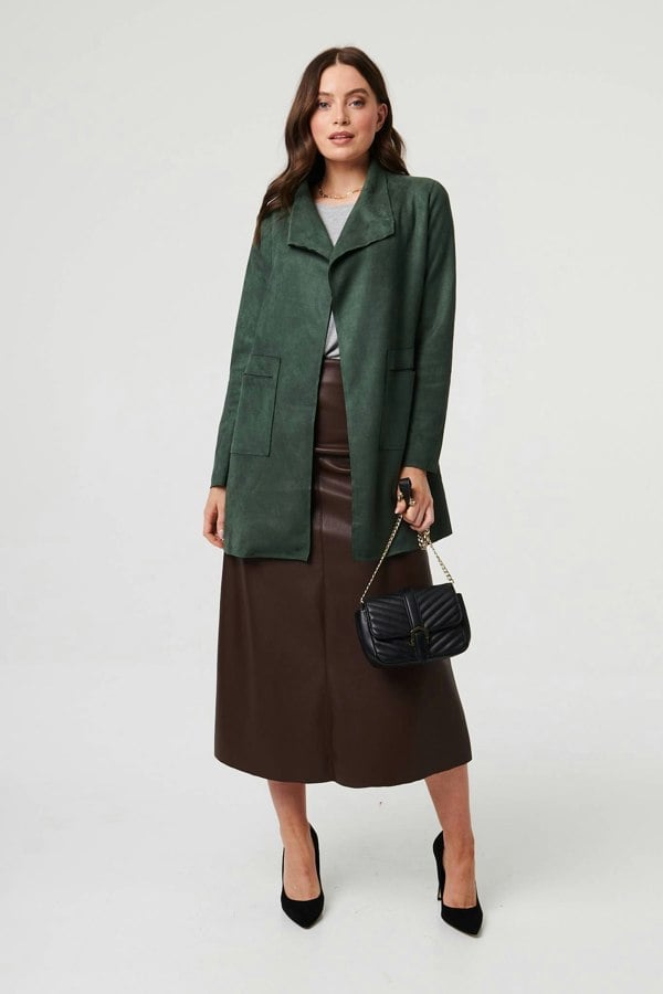Green | Faux Suede Collared Open Front Jacket
