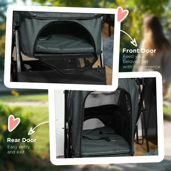 Grey pet stroller with front and rear doors opened, showing the mesh interior.