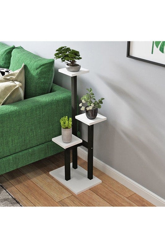 Living and Home 3-Tier Wooden Plant Stand with White Shelves & Black Frame for Balcony, Garden, Living Room – Pot & Decor Organiser