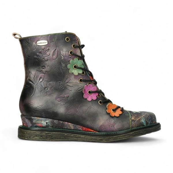 Laura Vita Ercnaulto 212 Grey Floral Womens Gothic Victorian Leather Lace-Up Ankle Heeled Boots