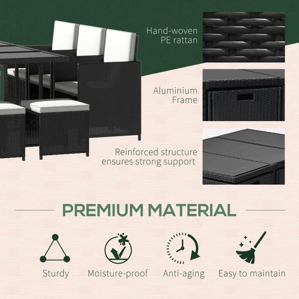 Black rattan patio dining set with white seat cushions and reinforced aluminium frame