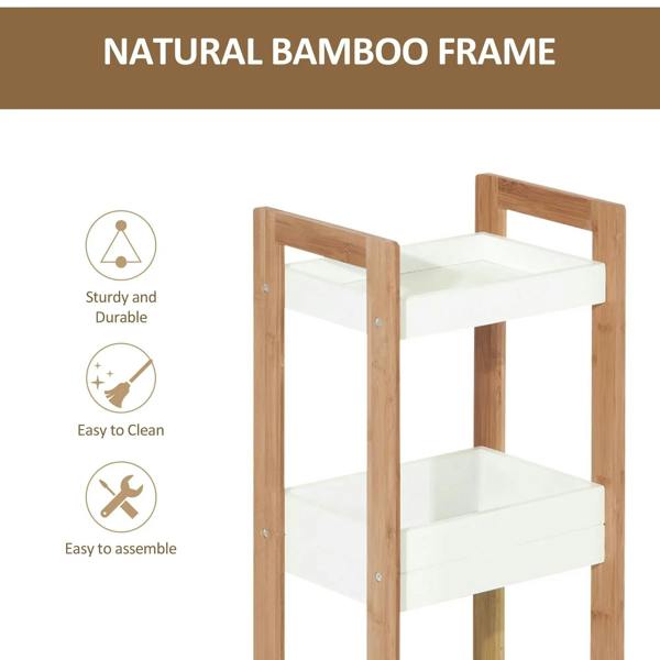 Natural bamboo frame bathroom shelf rack with three white open shelves