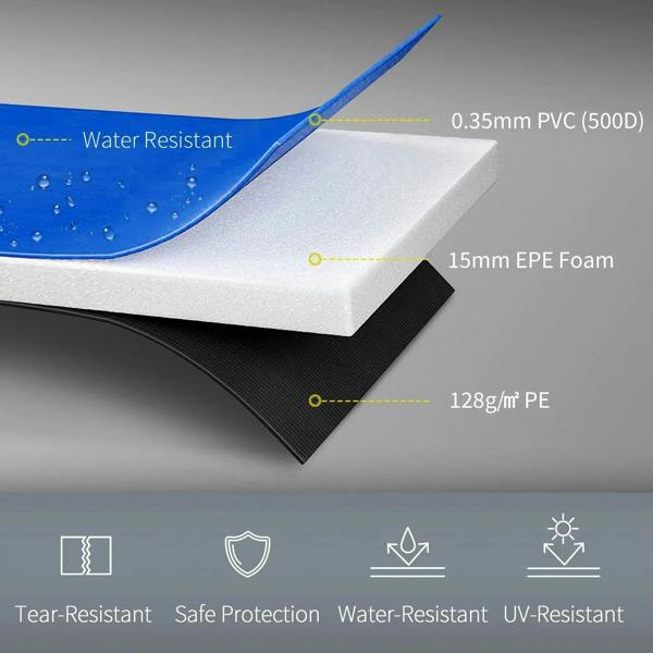Blue trampoline surround pad close-up showing layered foam and PVC material