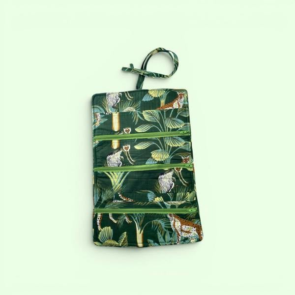 Hayley & Co Cotton Jewellery Roll - Wild Animal Print in Green