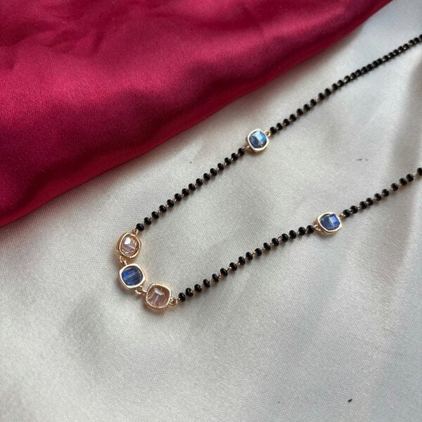 The Colourful Aura Black bead 18ct gold plated blue stone slim mangalsutra Pendant Necklace