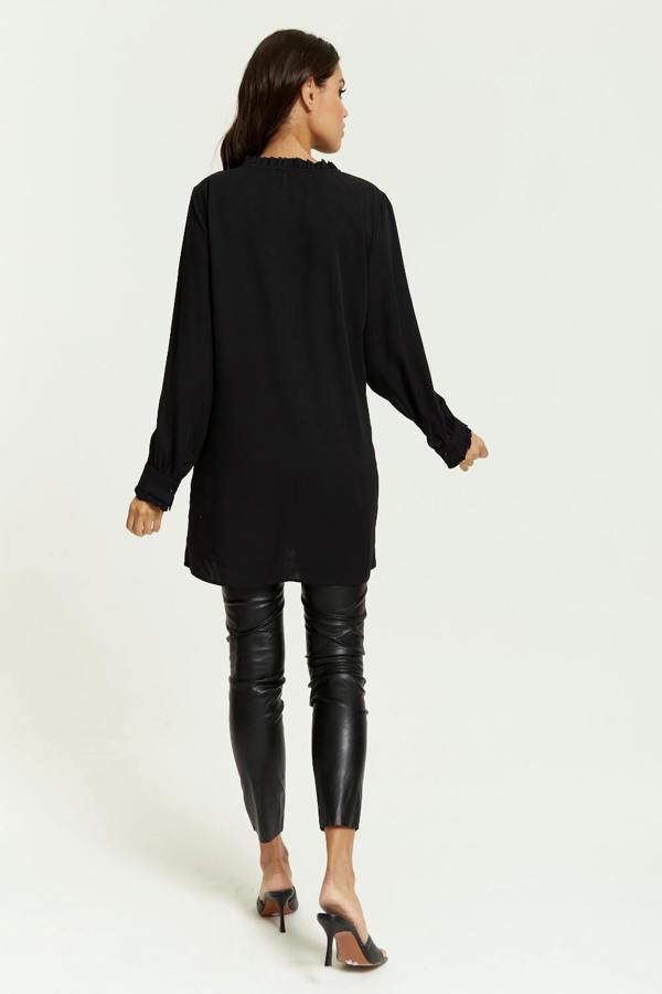 Hoxton Gal Oversized Tunic with Ruffle Neck Detailed in Black