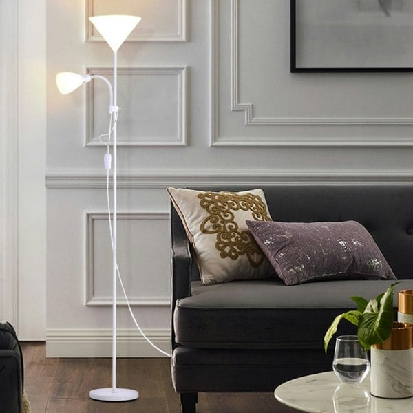 Torchiere Double Heads Floor Lamp Adjustable Reading Light Silver/Grey Lighting Living and Home White