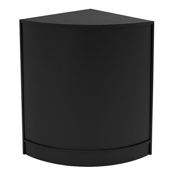 Black corner LED shop counter with a sleek design, smooth texture, and modern aesthetic, ideal for retail displays and promotions