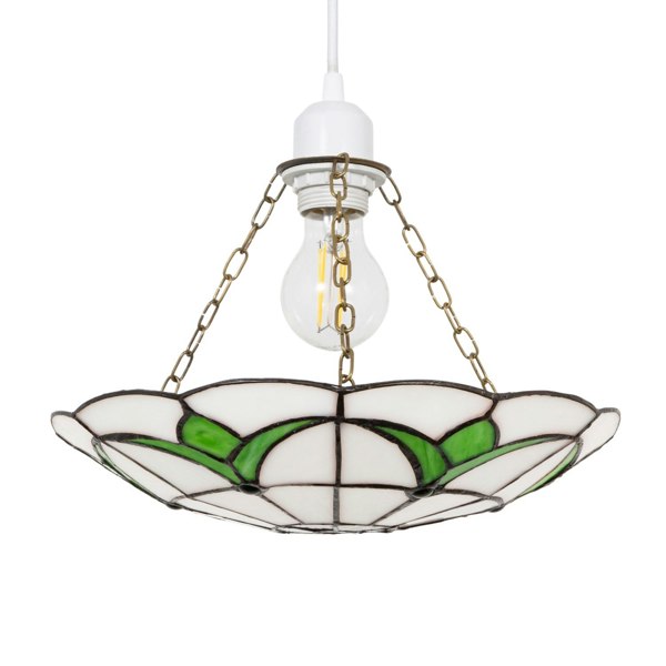 Traditional Stained Glass Tiffany Pendant Light Shade with Emerald Green Leaves Image 1