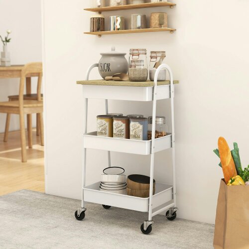 Wyld Haus Satoro Wooden White And Oak 3 Tier Kitchen Trolley With Covered Top