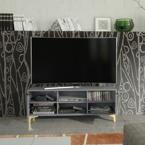 Mex Furniture 120cm TV Unit with Ribbed Fronts and Gold Accents - Bold Grey