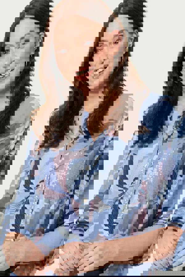 Blue | Sequin Trim Floral Relaxed Blouse