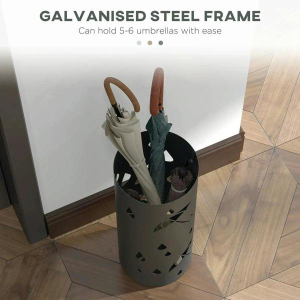 Dark grey round umbrella stand basket holding multiple umbrellas
