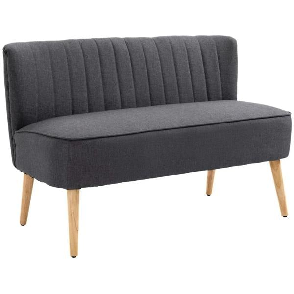 Dark grey upholstered loveseat sofa with vertical channel tufted back and light wood legs