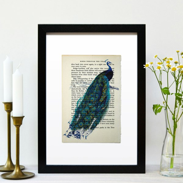 Hands & Hearts Peacock vintage book page art print