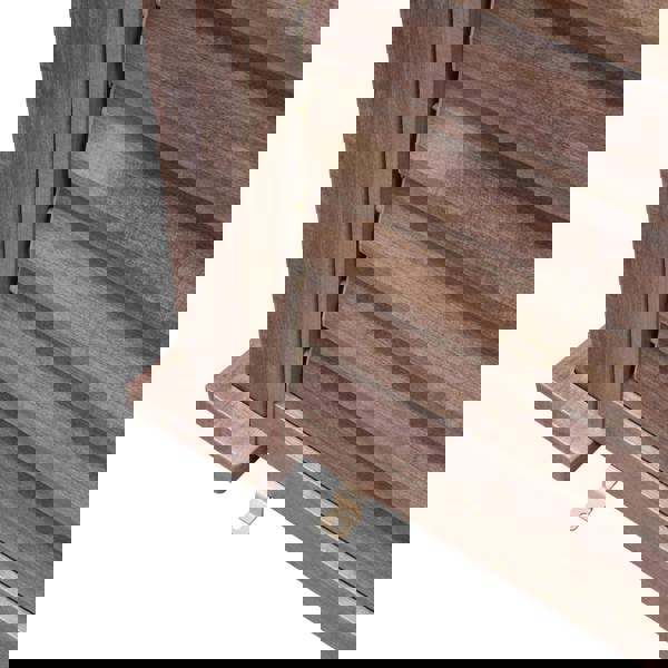 Wood effect aluminium pergola shutter panel, 123cm wide, featuring a textured finish and horizontal slats in warm brown tones