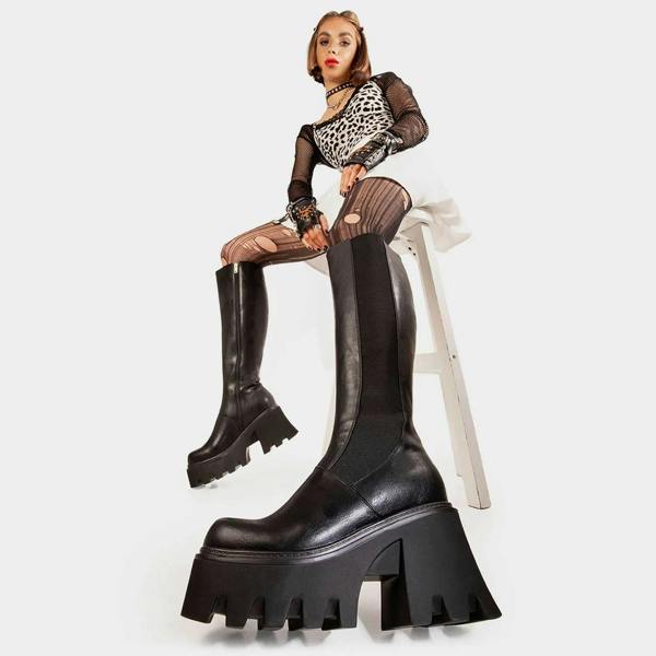Lamoda For You Black PU Chunky Platform Knee High Boots Gothic Festival