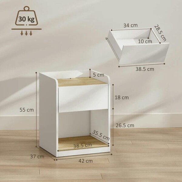 Modern Bedside Table, Slim Nightstand with Drawer, Shelf and Cable Holes, White and Oak