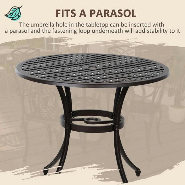 Brown round cast-aluminum dining table with tabletop parasol hole