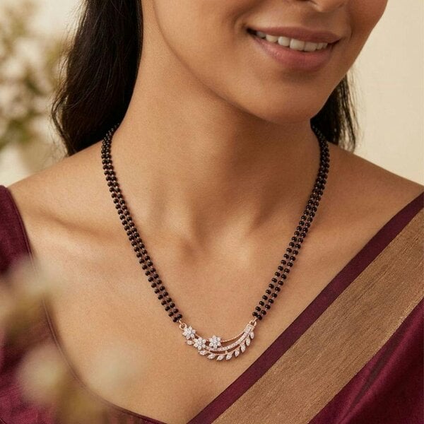 The Colourful Aura Rose Gold Plated Double Strand CZ Crystal Leaf Floral Mangalsutra Black Bead Necklace 18 Inch