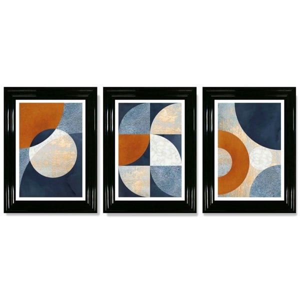Artze Wall Art Abstract GEOMETRIC Set of 3 Navy Blue Orange and Gold Framed Art Prints